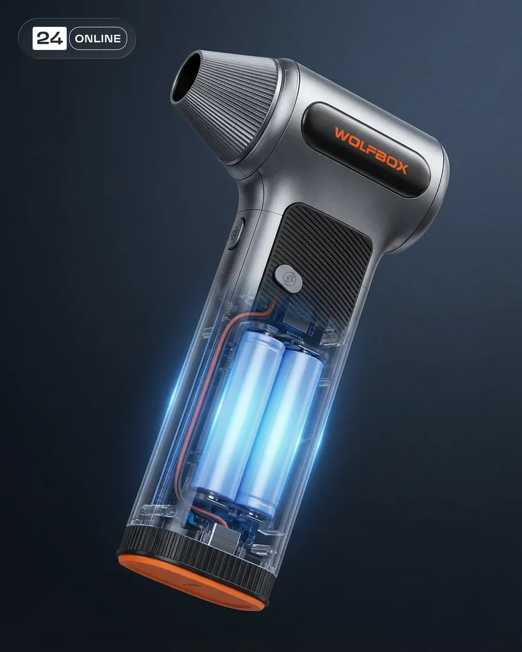 Cinematic product visualization of a handheld electric air blower tool