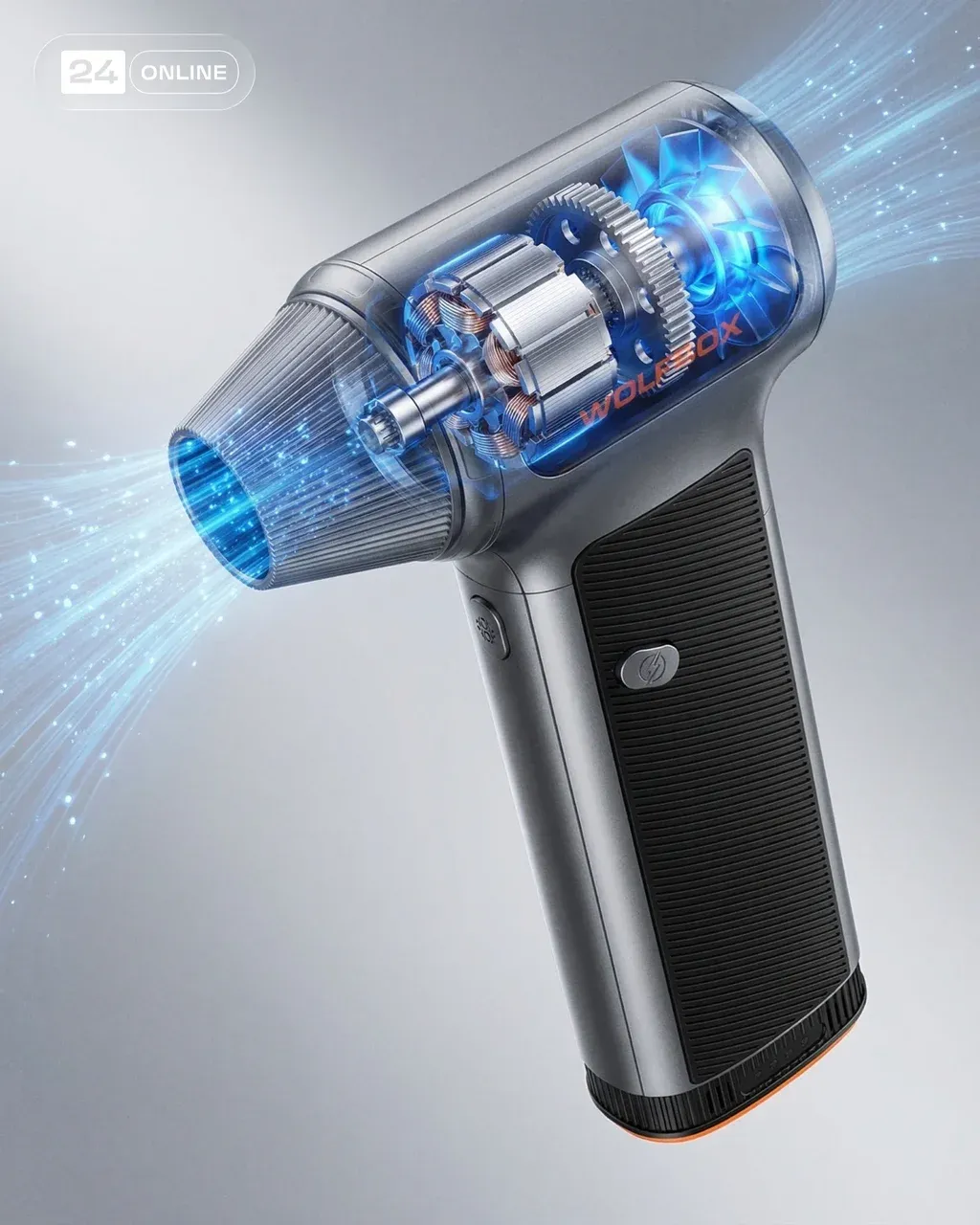 Technical cutaway visualization of a handheld electric blower tool revealing