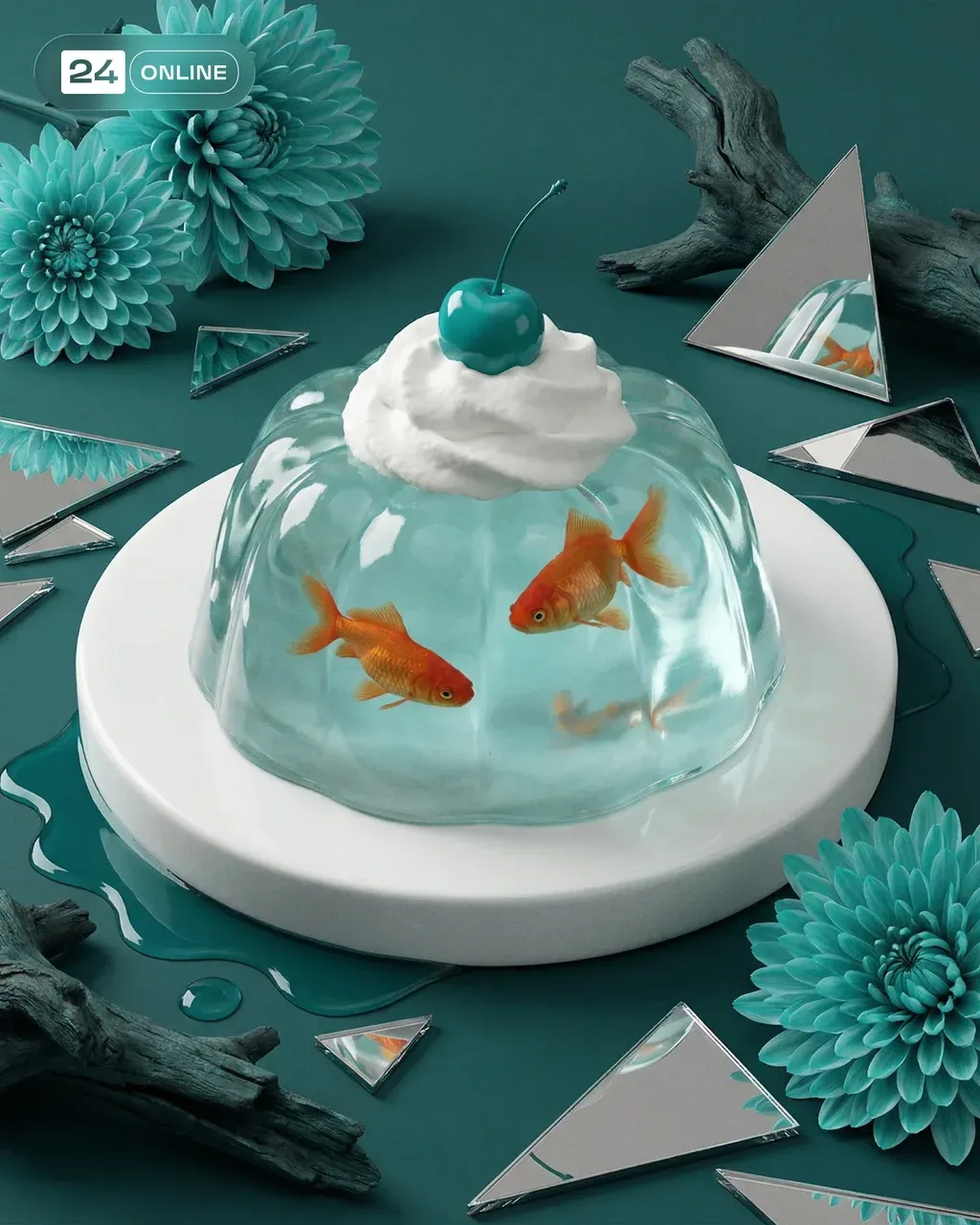 Surreal conceptual food photography of a transparent molded jelly dessert