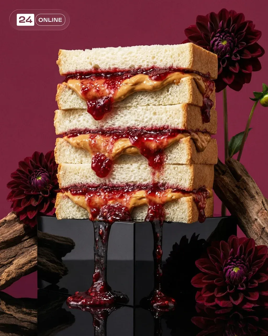 High-fashion avant-garde food photography of a towering stack of three