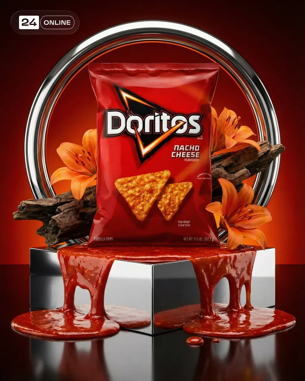 High-end commercial product photography of RED DORITOS standing vertically in