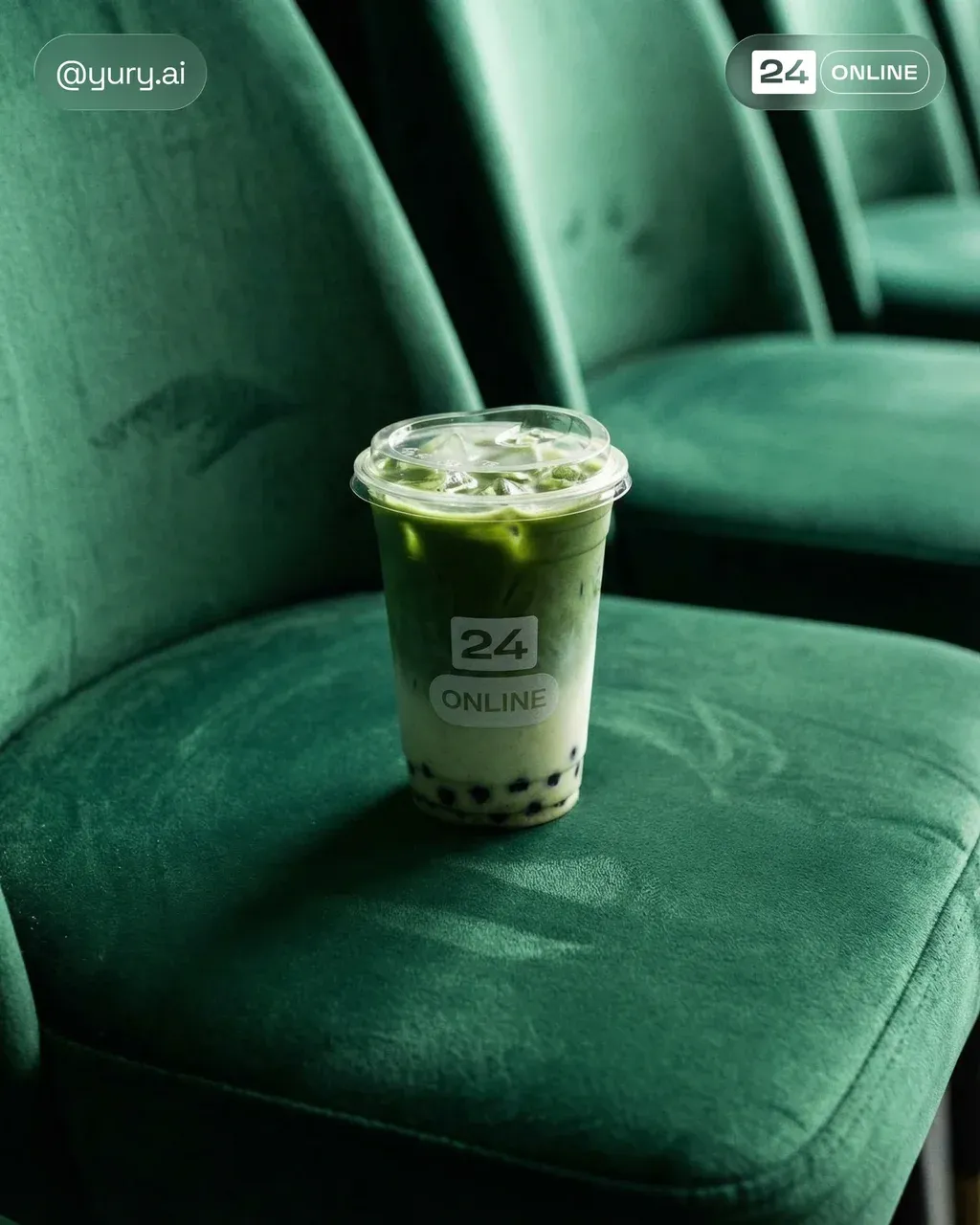 Ultra-realistic cinematic product photo of an iced matcha latte with
