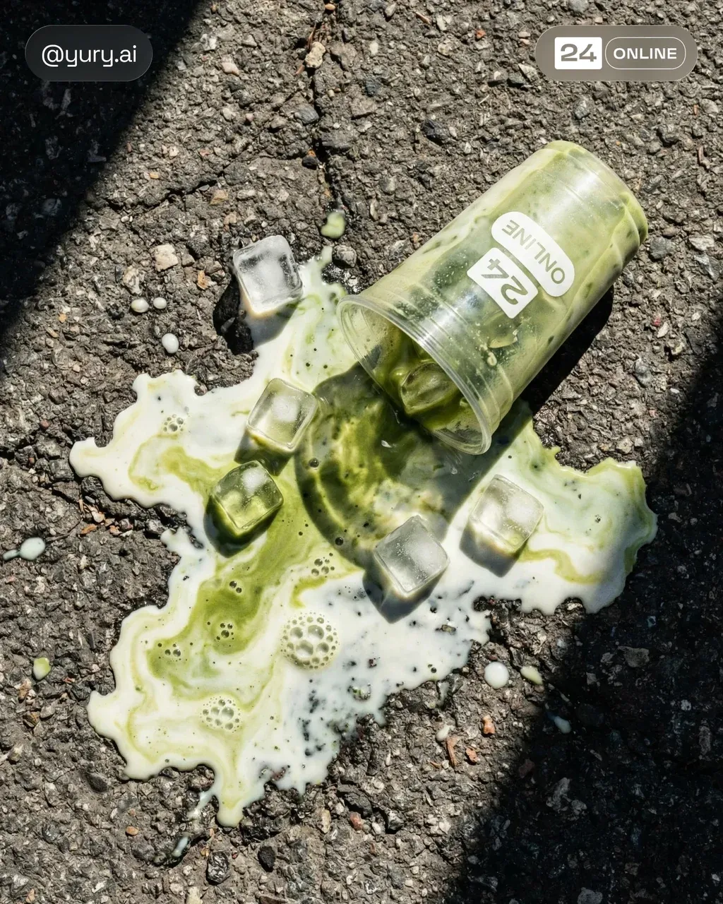 Ultra-realistic top-down shot of an iced matcha latte spilled on