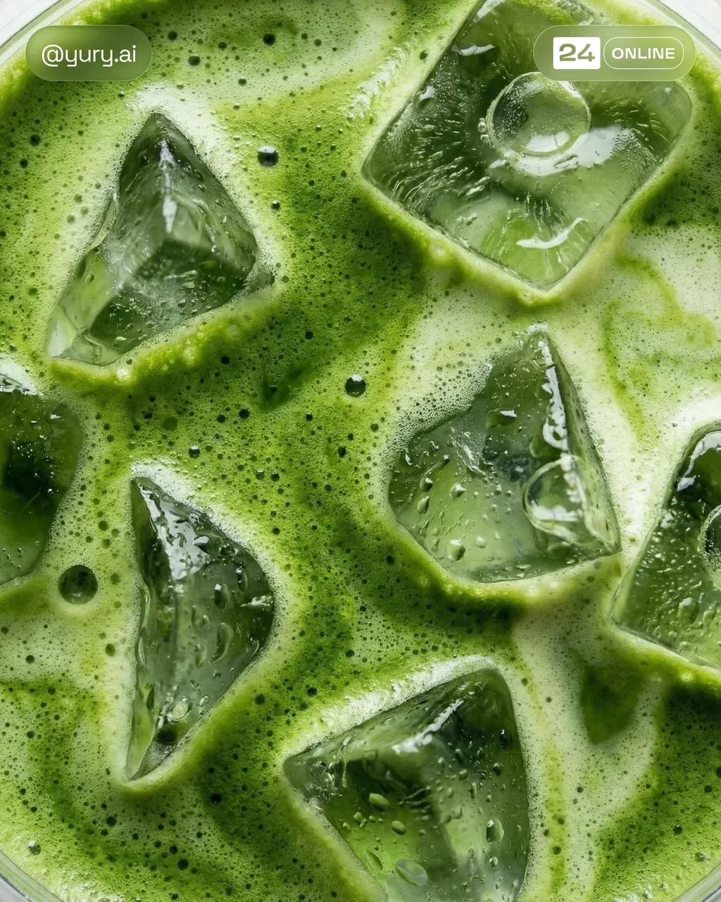 Extreme macro close-up of iced matcha latte surface with melting