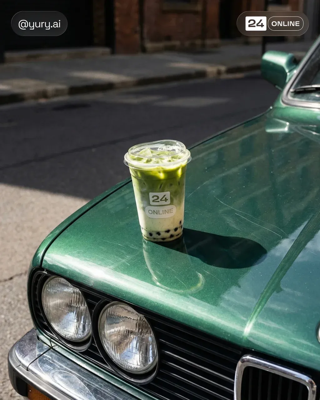 Ultra-realistic editorial product shot of an iced matcha latte with