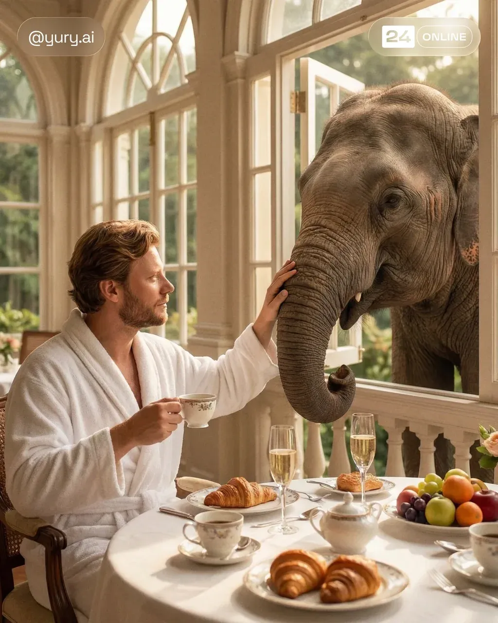 A surreal, elegant breakfast scene in a sunny, luxurious interior