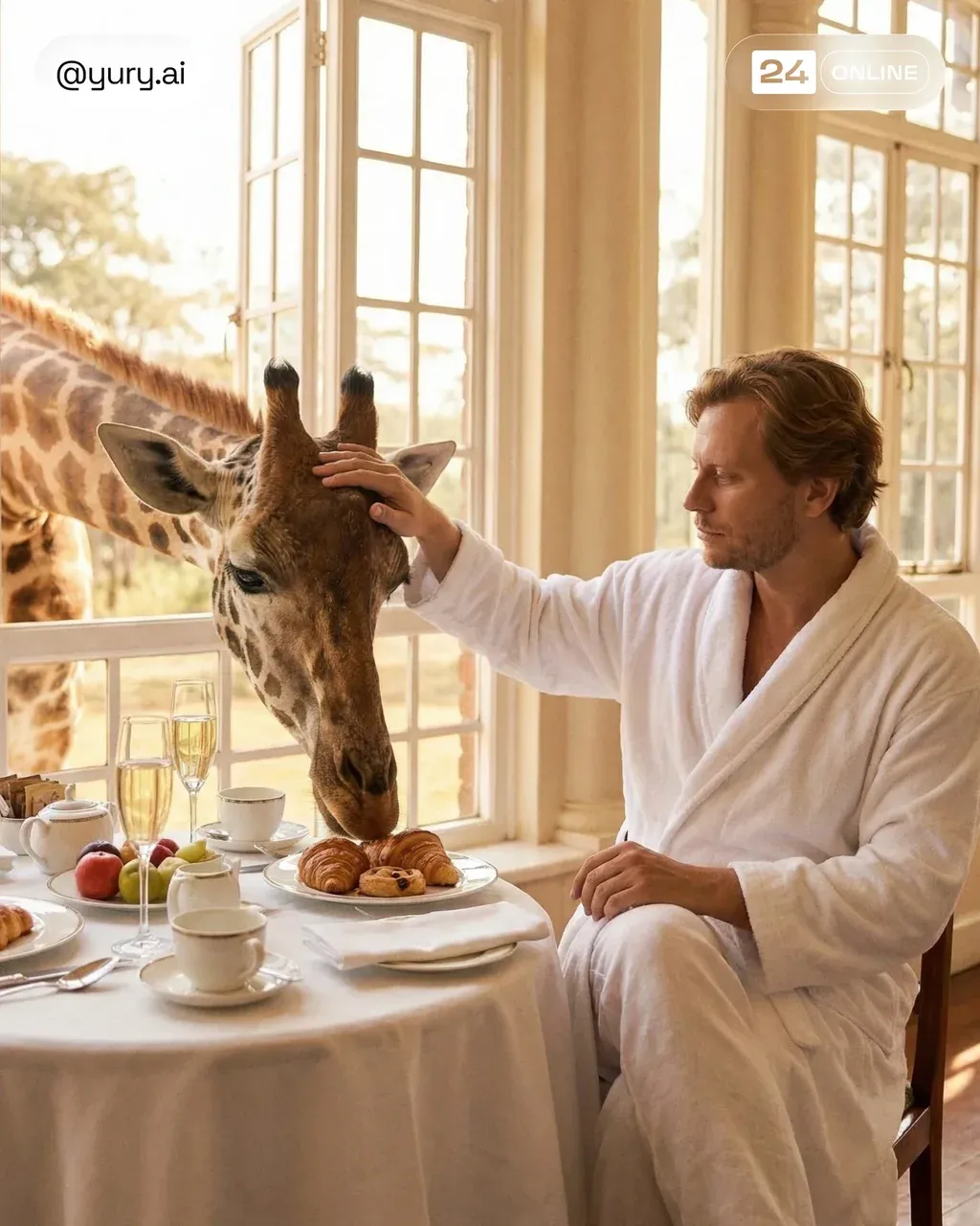 A surreal, elegant breakfast scene in a sunny, luxurious interior