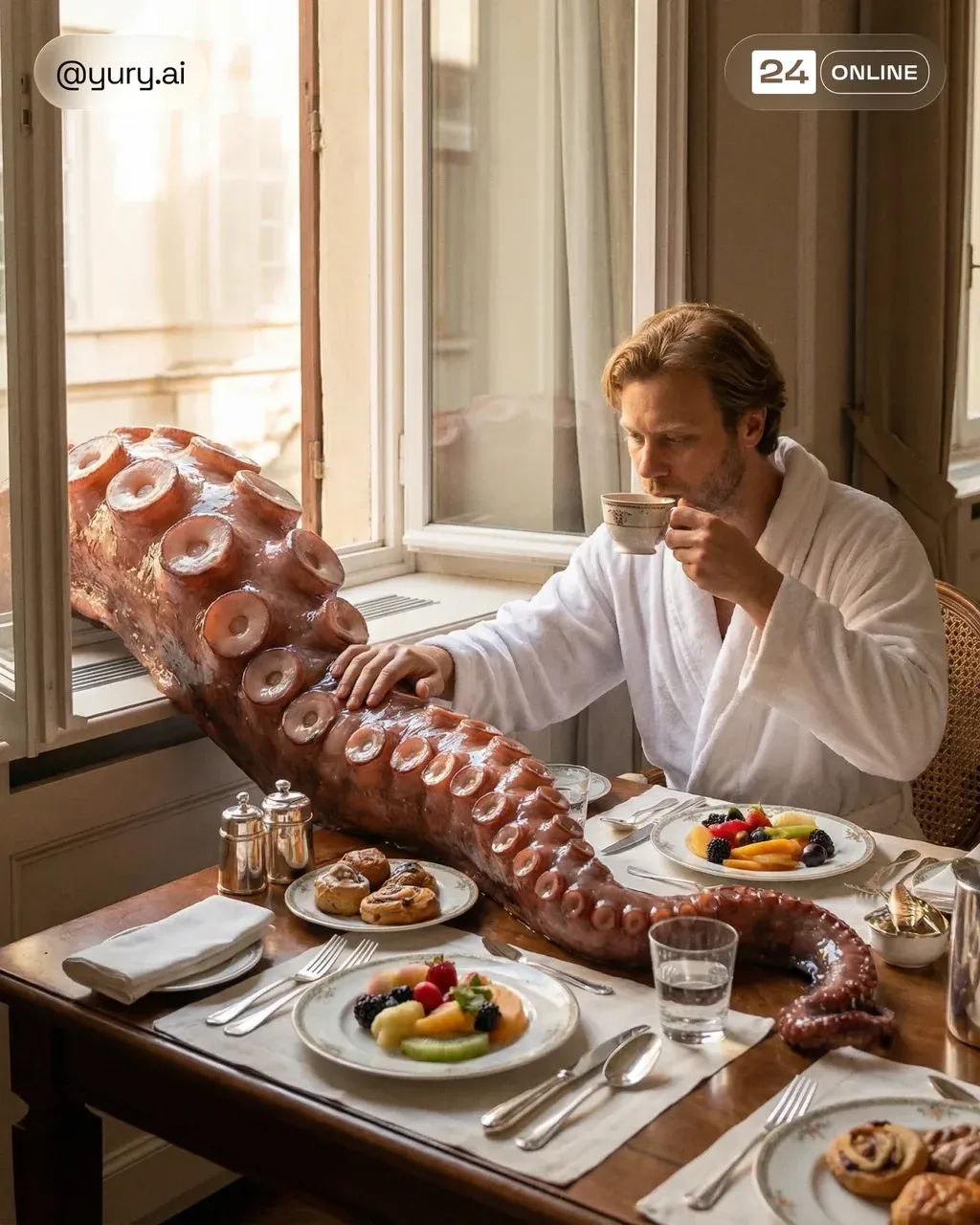A surreal, elegant breakfast scene in a sunny, luxurious interior