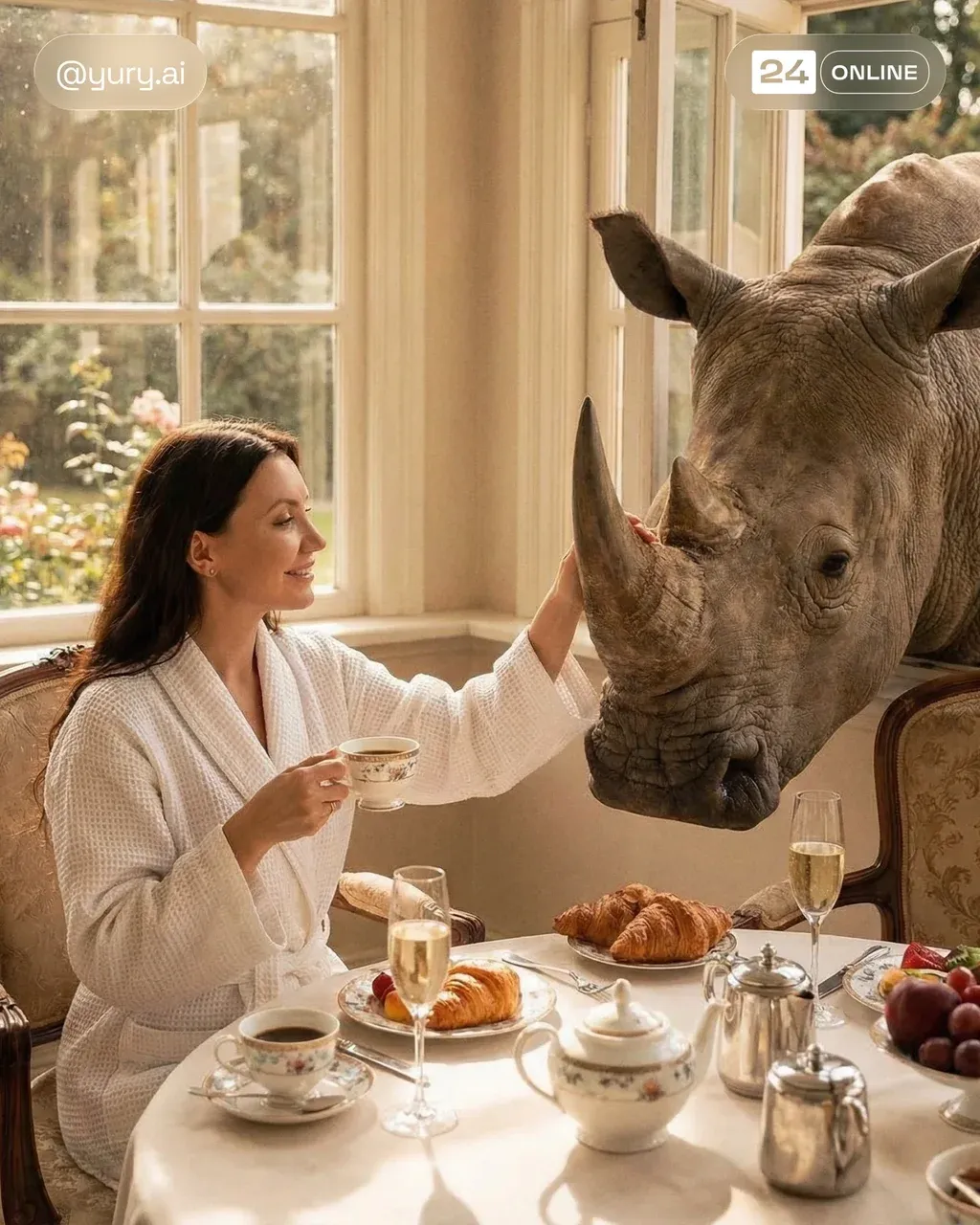 A surreal, elegant breakfast scene in a sunny, luxurious interior