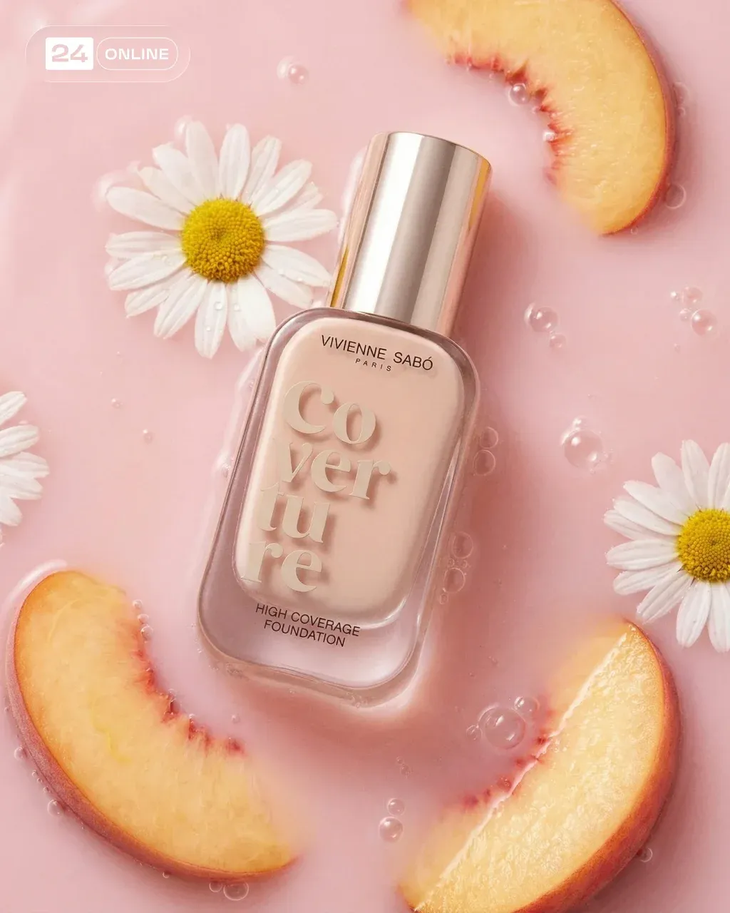 Minimalist cosmetic product photography of INSERT PRODUCT foundation bottle floa…