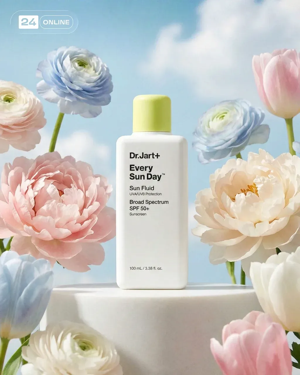 Minimal skincare product photography of a white sunscreen bottle with