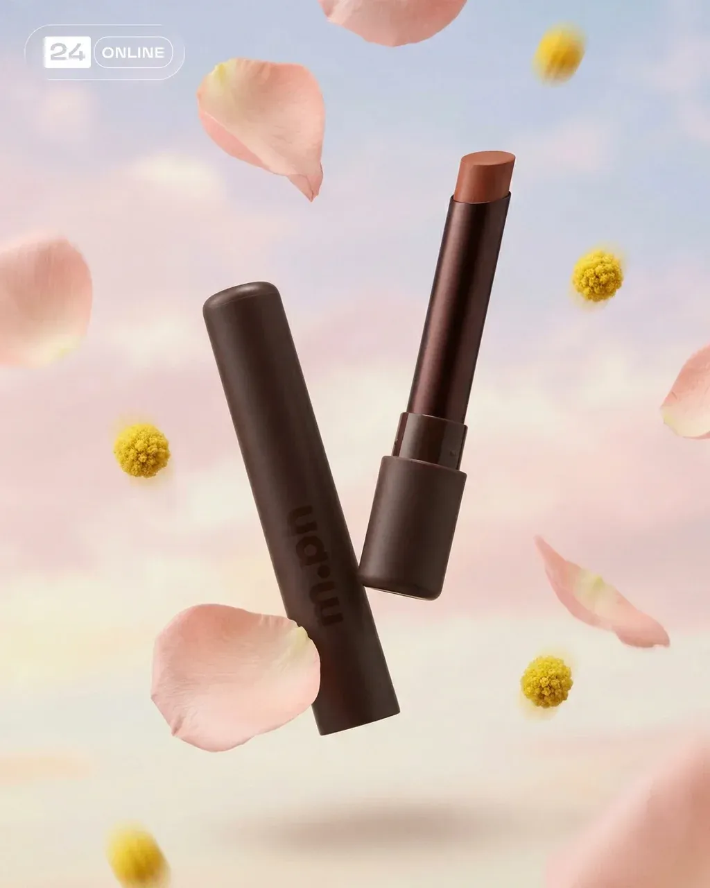 Minimal luxury cosmetic product shot of a matte dark brown