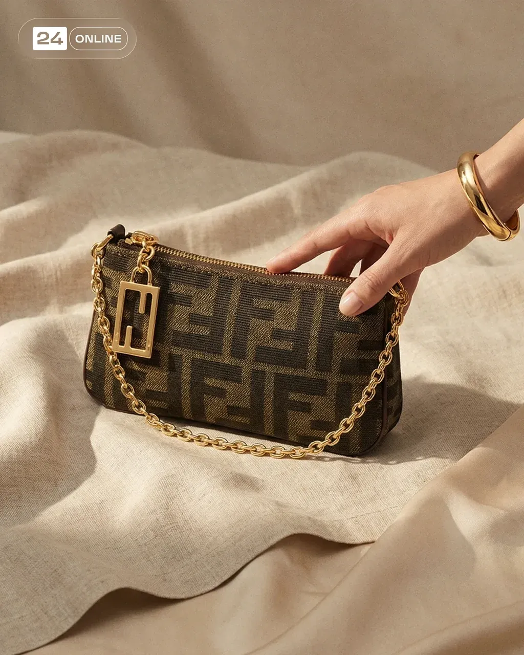 Luxury product photography of a brown monogram mini shoulder bag