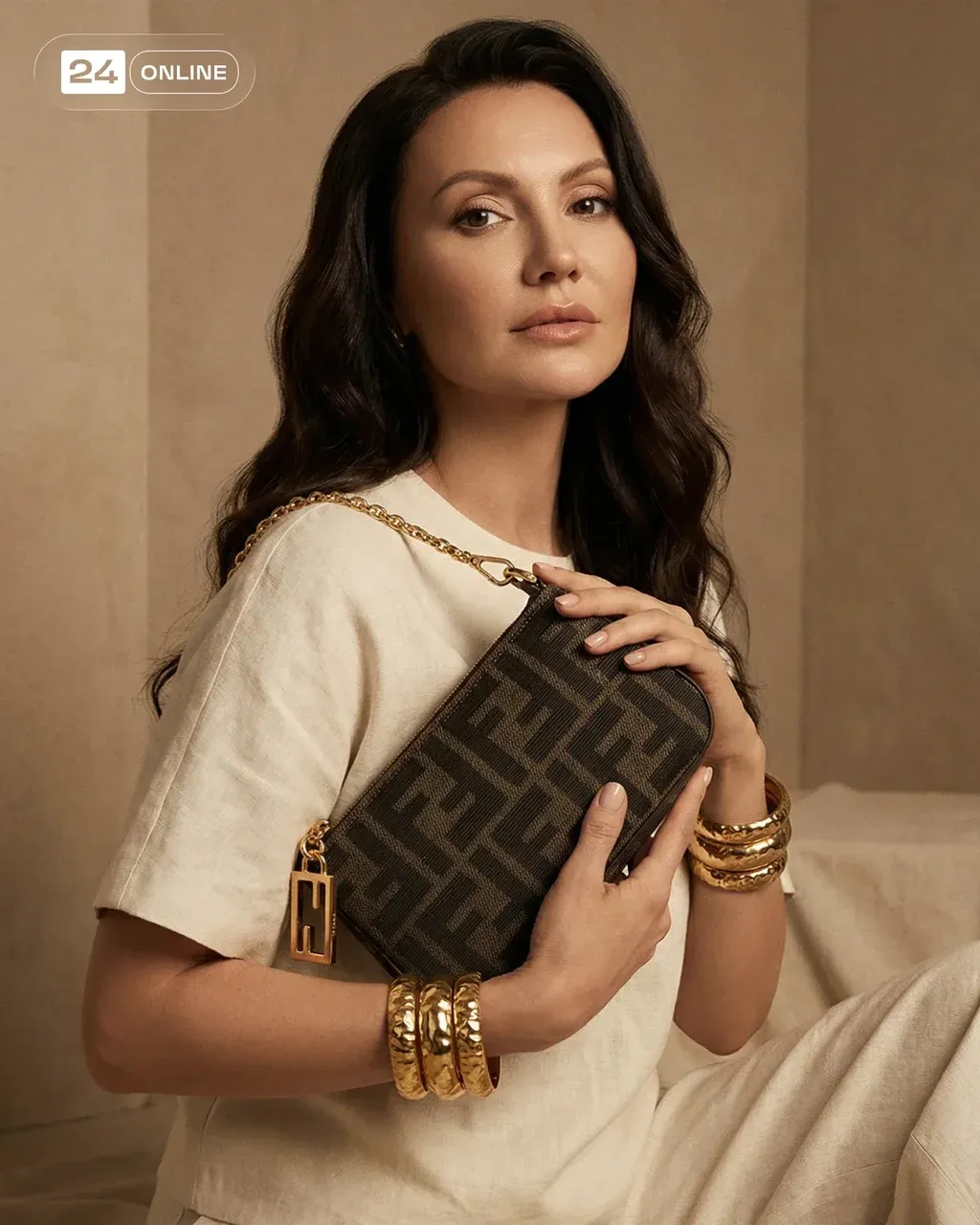 Elegant portrait of a woman in a soft beige dress