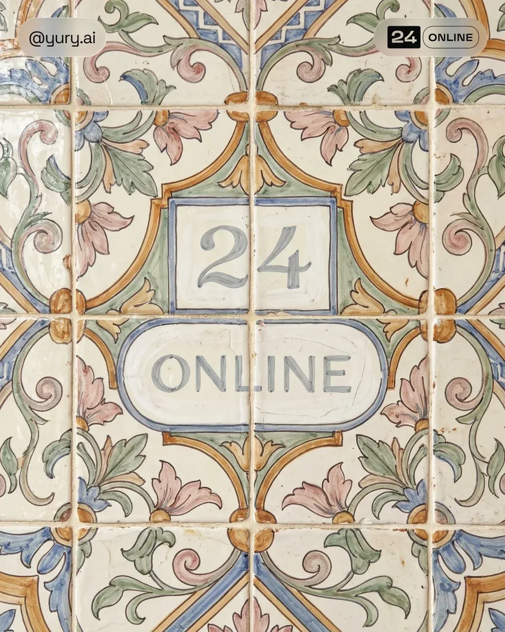 Decorative ceramic tile pattern, hand-painted look inspired by Mediterranean and