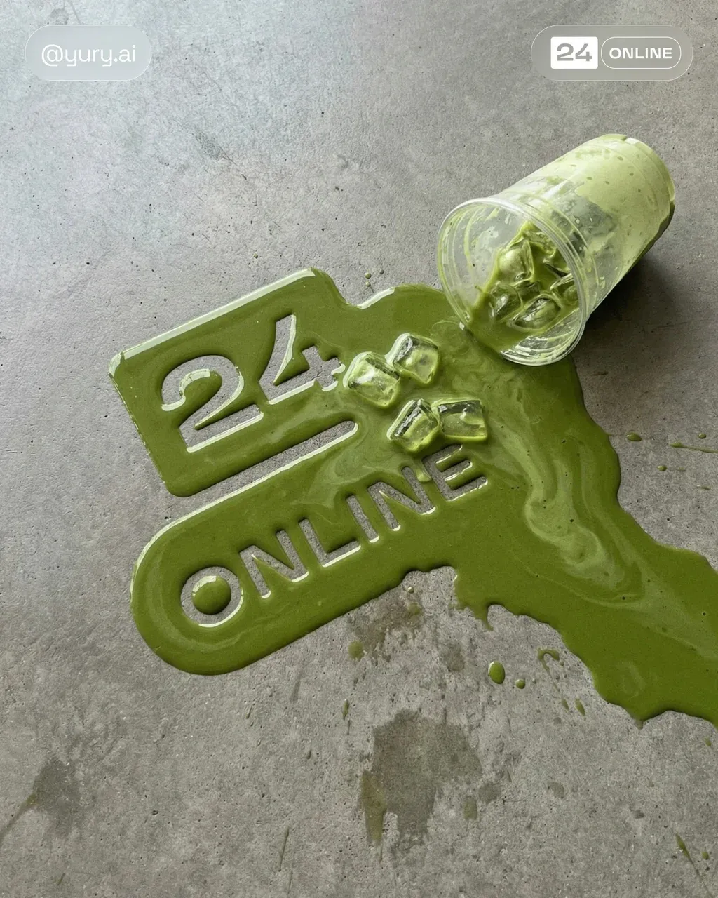 My logo formed from matcha liquid next to a spilled