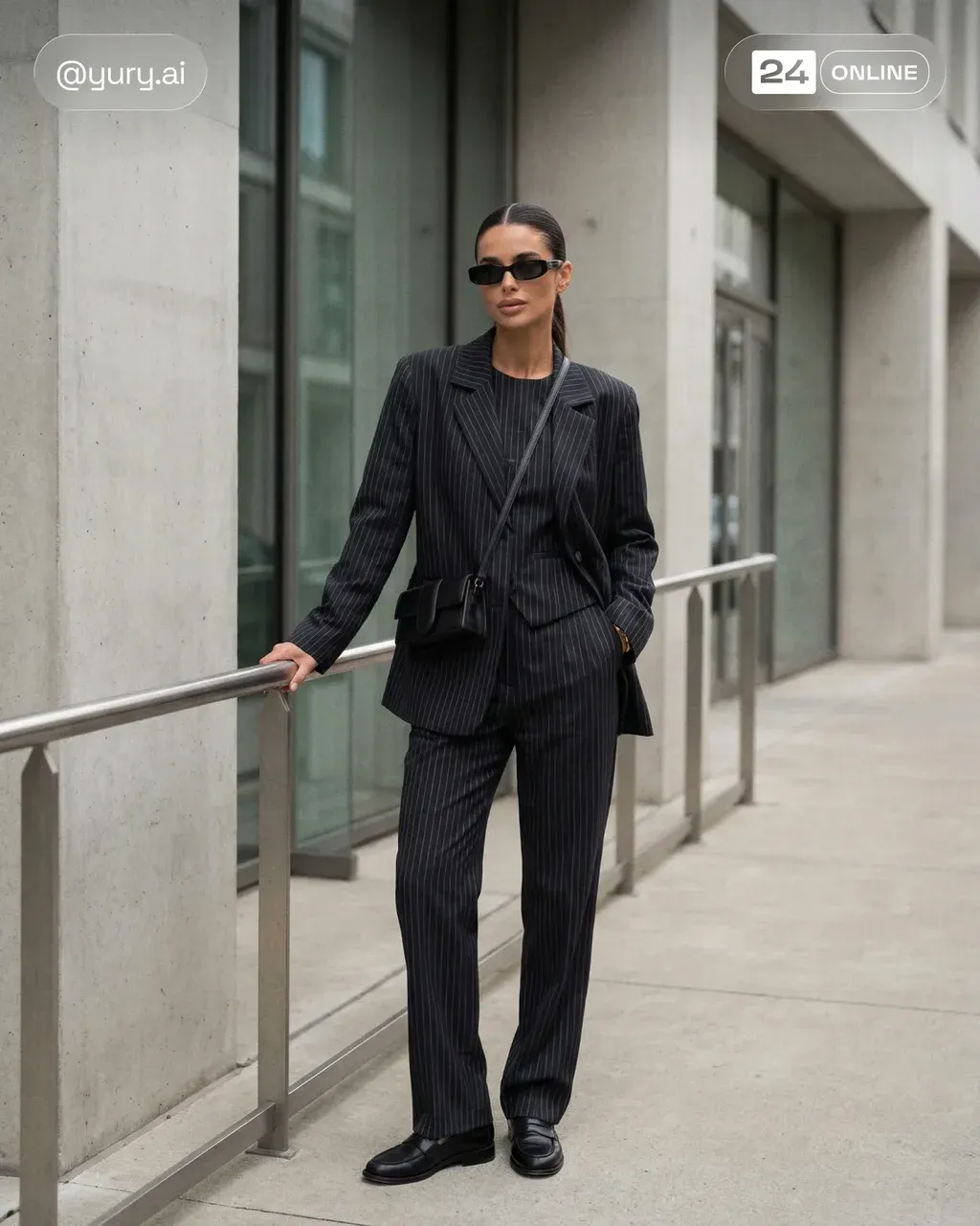 Ultra-realistic full-body street fashion portrait of a woman standing beside