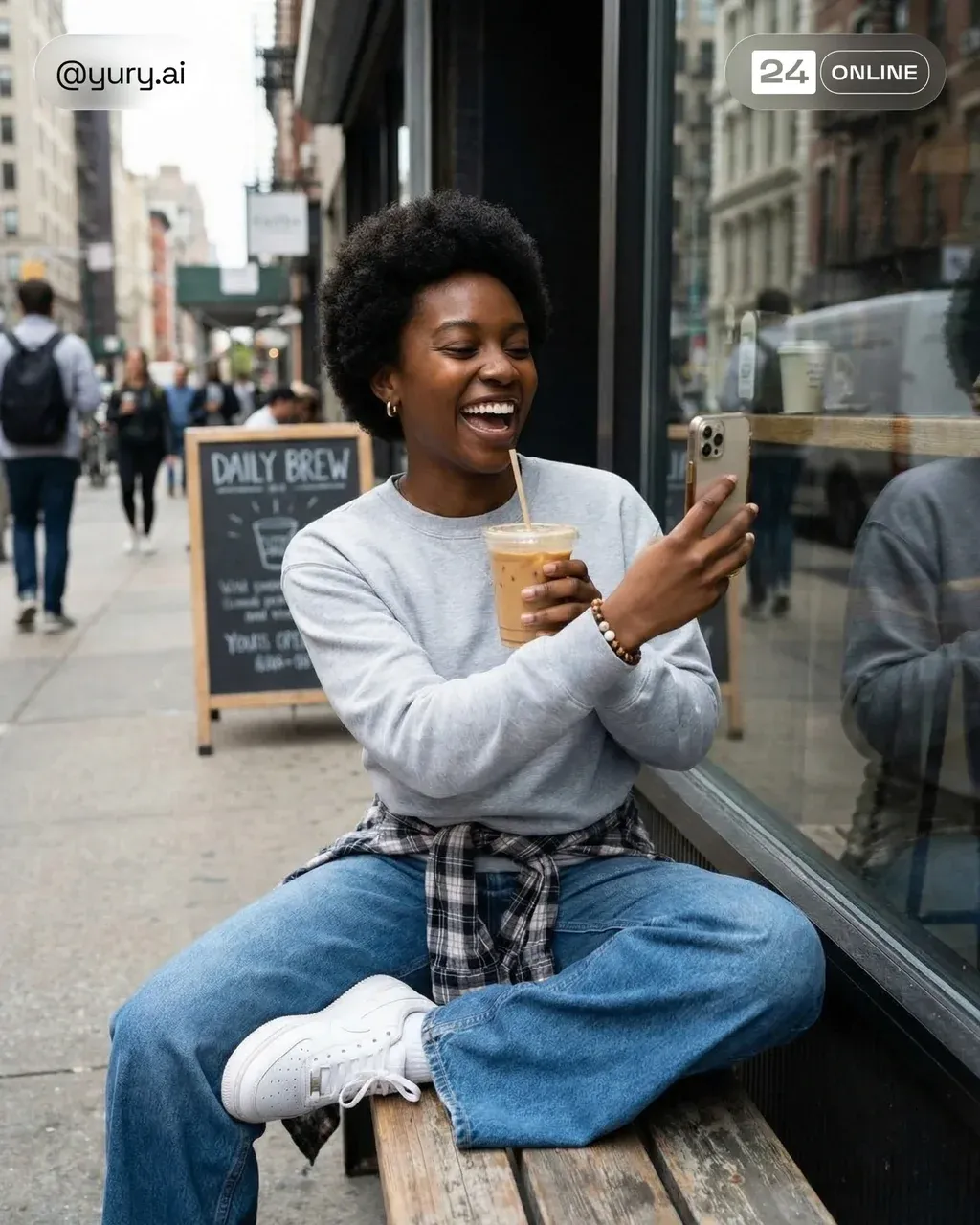 Ultra-realistic lifestyle street portrait of a young Black woman sitting