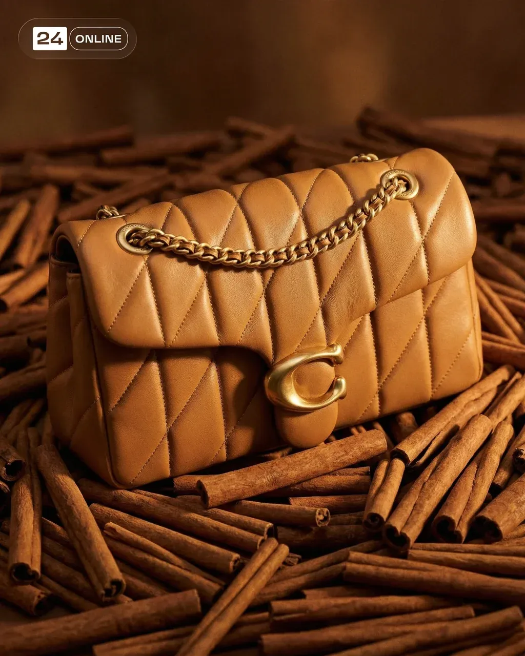 Ultra-luxury editorial photograph of a beige and tan quilted leather