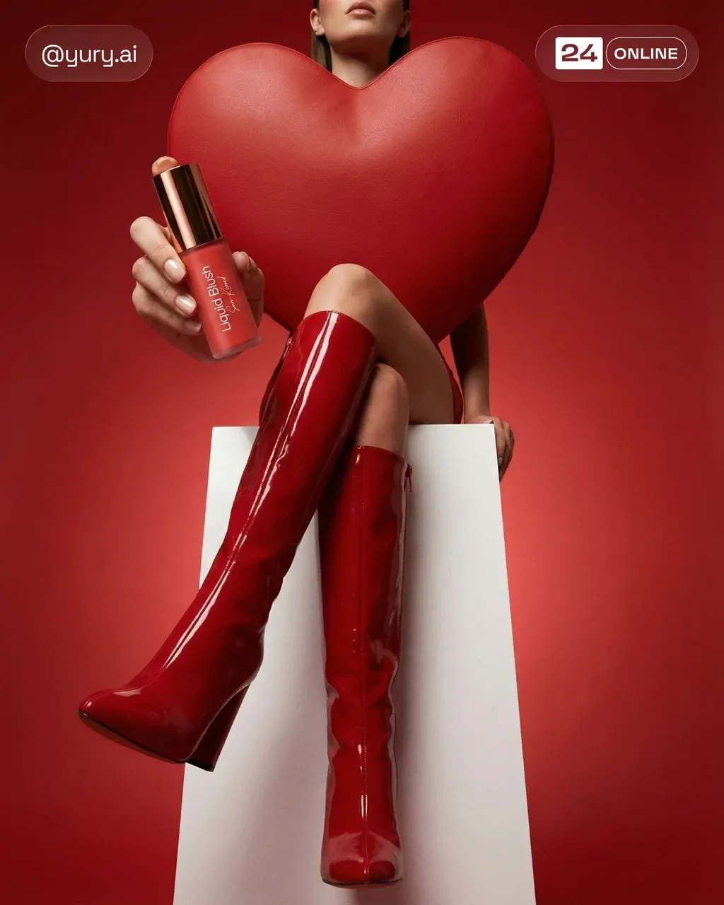 Photorealistic advertisement: a model sits on a high white pedestal,
