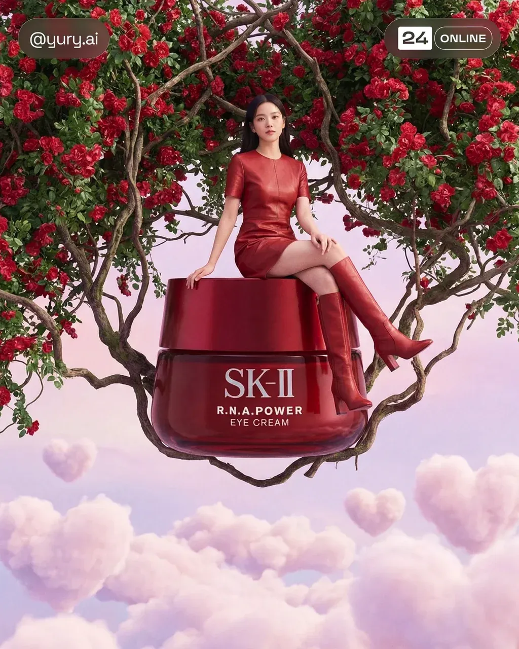 Surreal scene: a girl in a short red leather dress