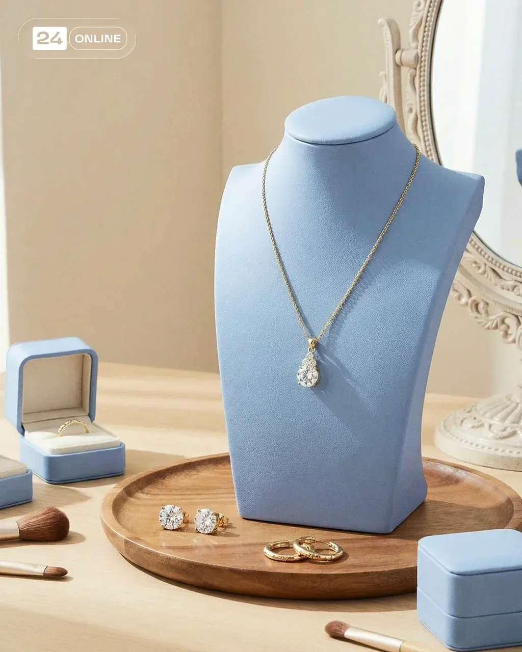 A bright, elegant lifestyle jewelry photoshoot featuring @img1 displayed on