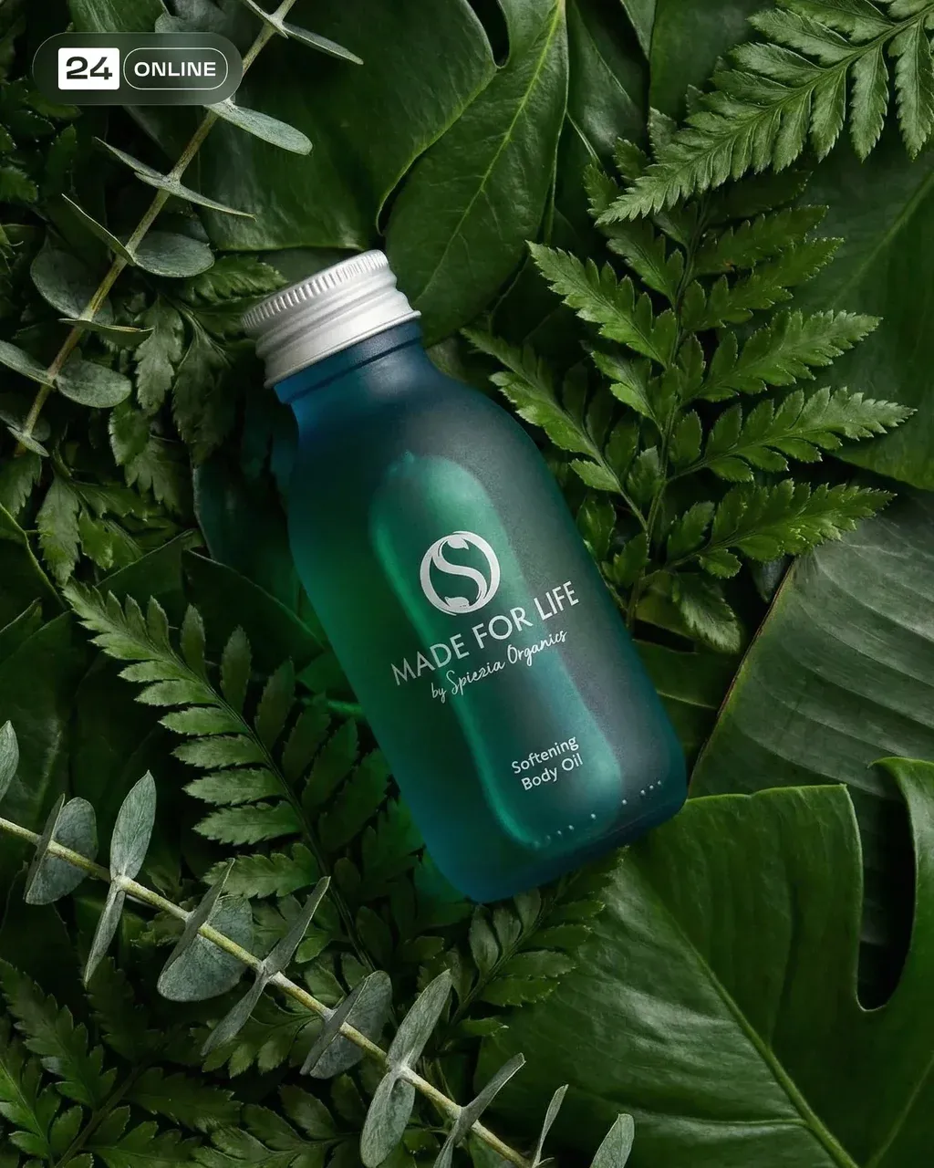 High-end flat lay product photography of a frosted emerald green