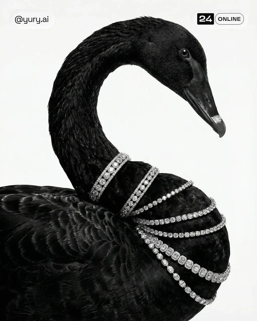 Close-up portrait of a black swan with an elegant curved