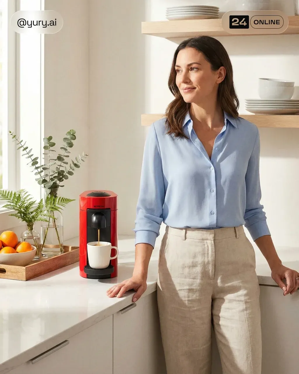 Bright lifestyle kitchen scene with a woman standing casually at