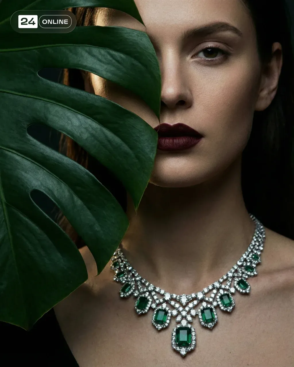 Cinematic editorial portrait, elegant necklace on the neck of a
