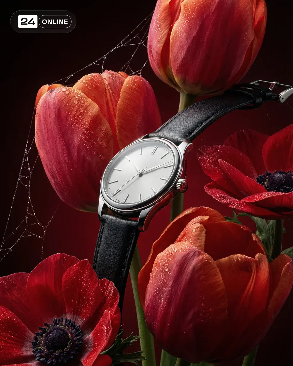 Cinematic macro shot — an elegant wristwatch positioned at an