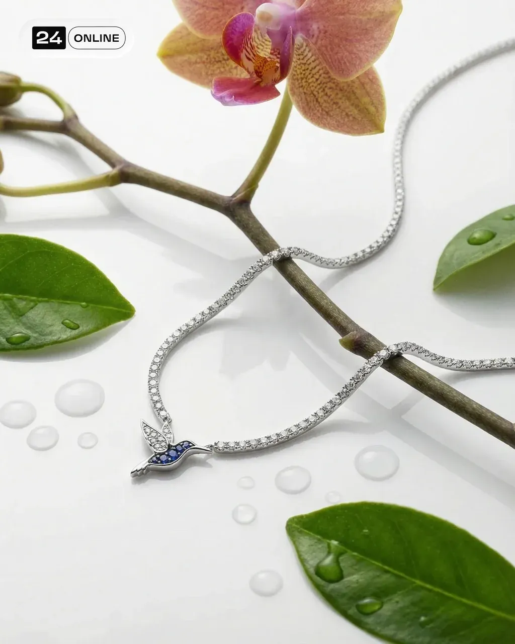 Cinematic close-up, an elegant thin necklace in sharp focus; the