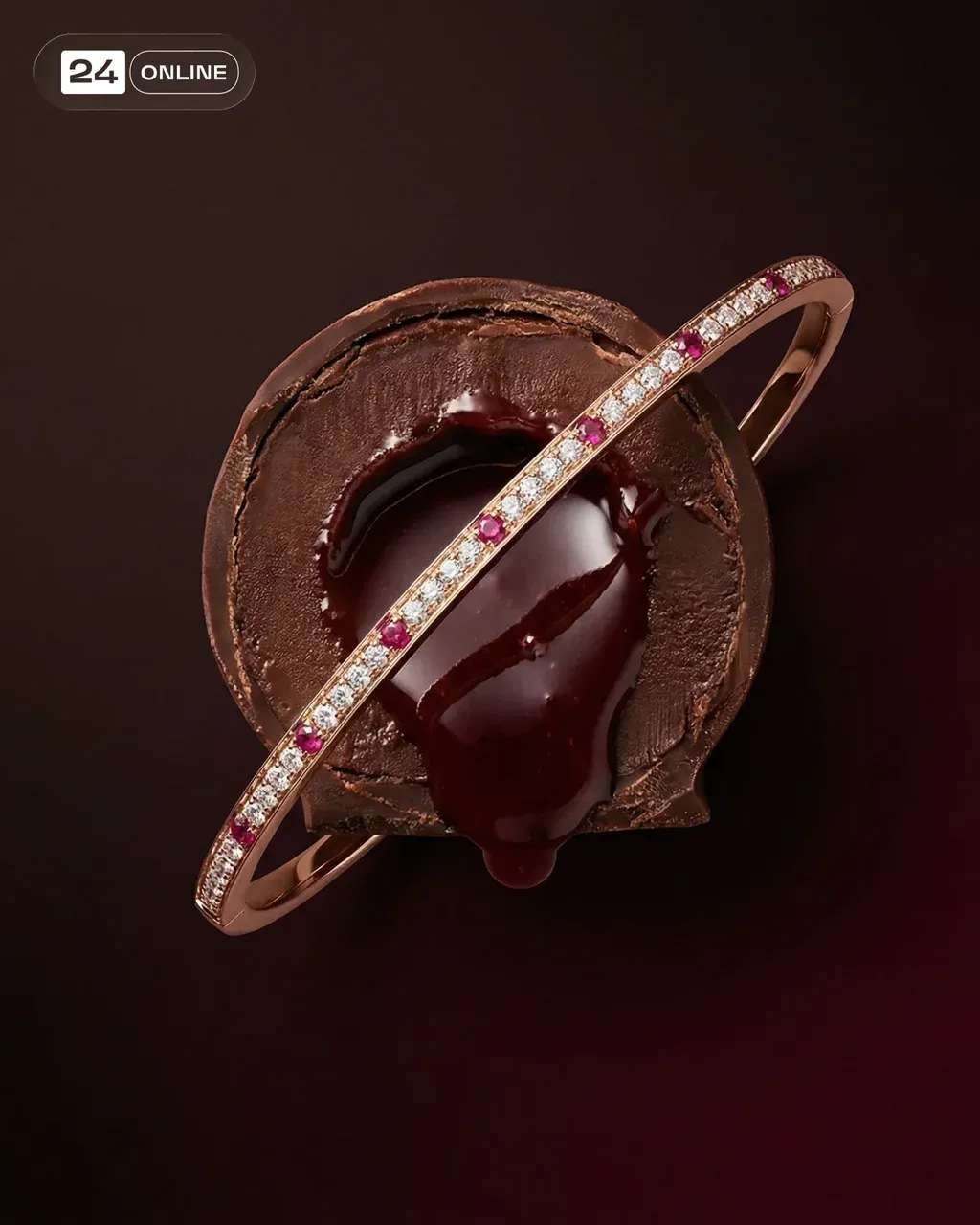 Dramatic catalog flat-lay — a thin gold bracelet placed inside