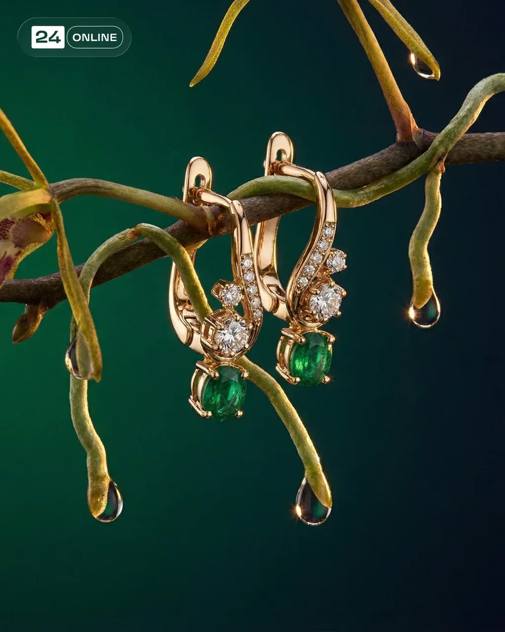 Cinematic side close-up — a pair of delicate earrings precisely
