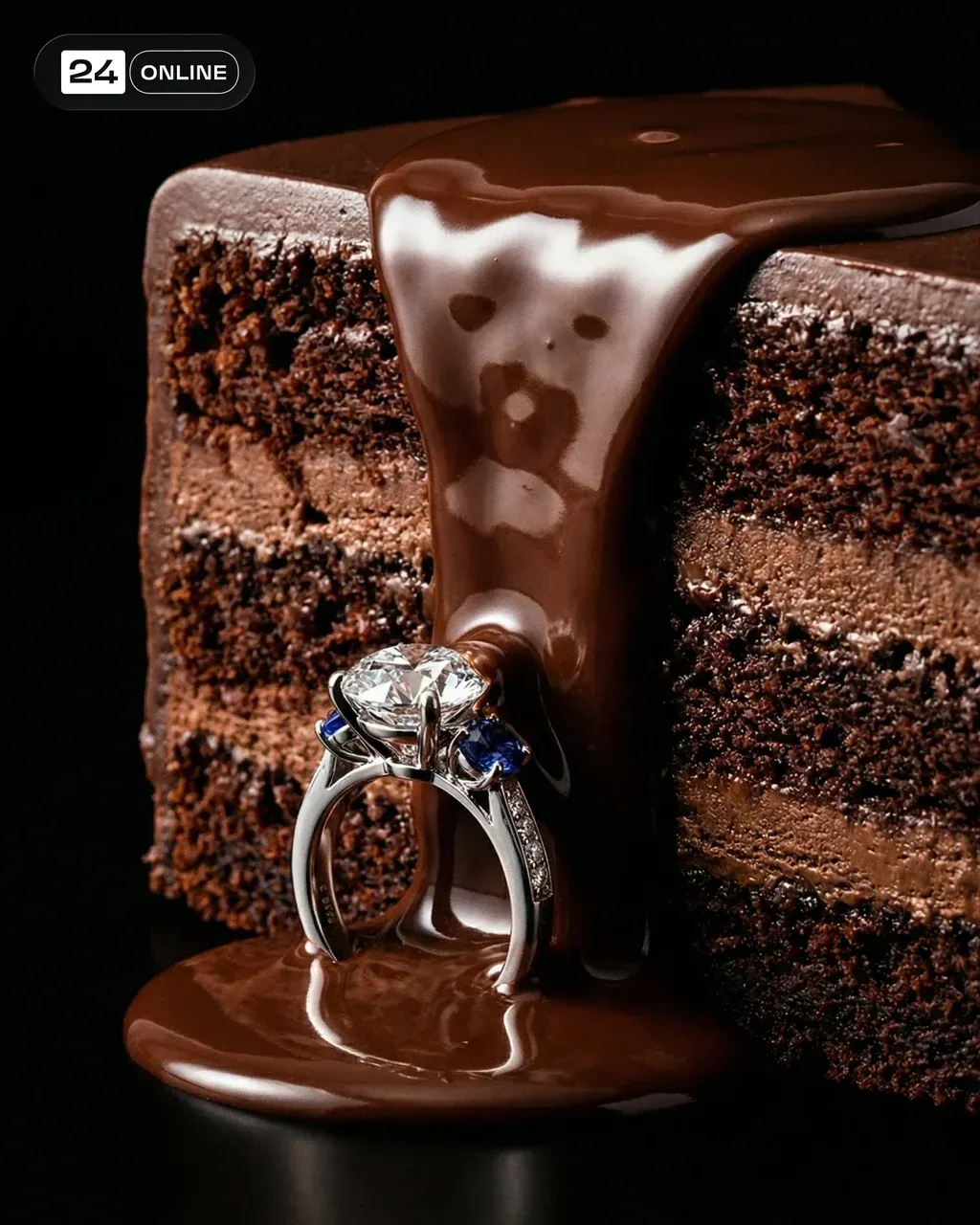 Close-up of a layered chocolate cake on a black background;