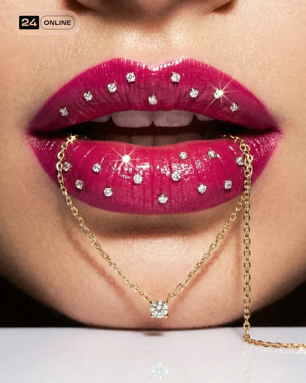 Extreme close-up of female lips in rich pink lipstick, slightly