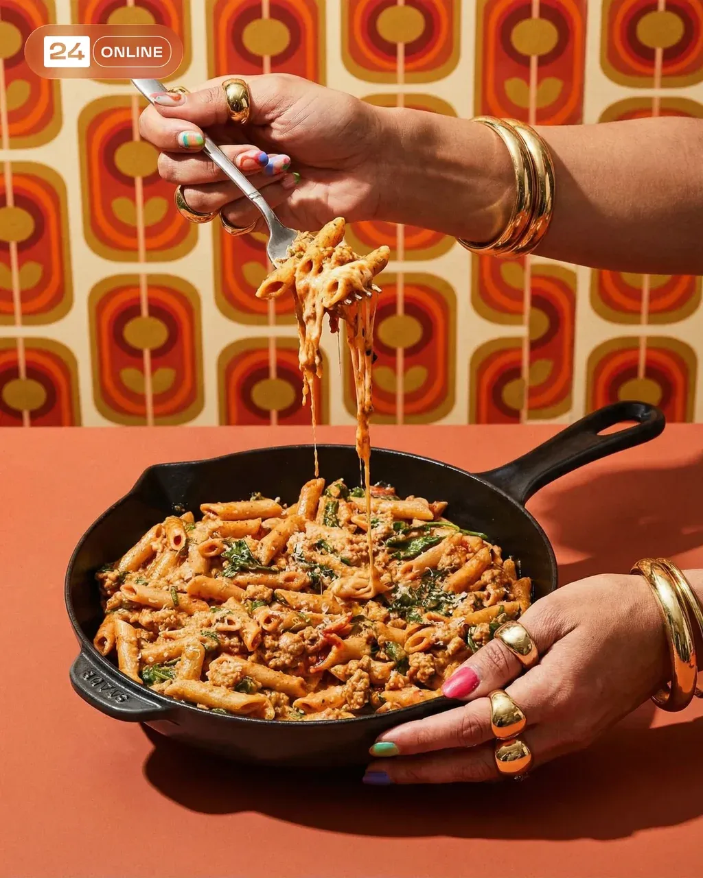 A bold, high-fashion editorial food photography scene featuring @img1 styled