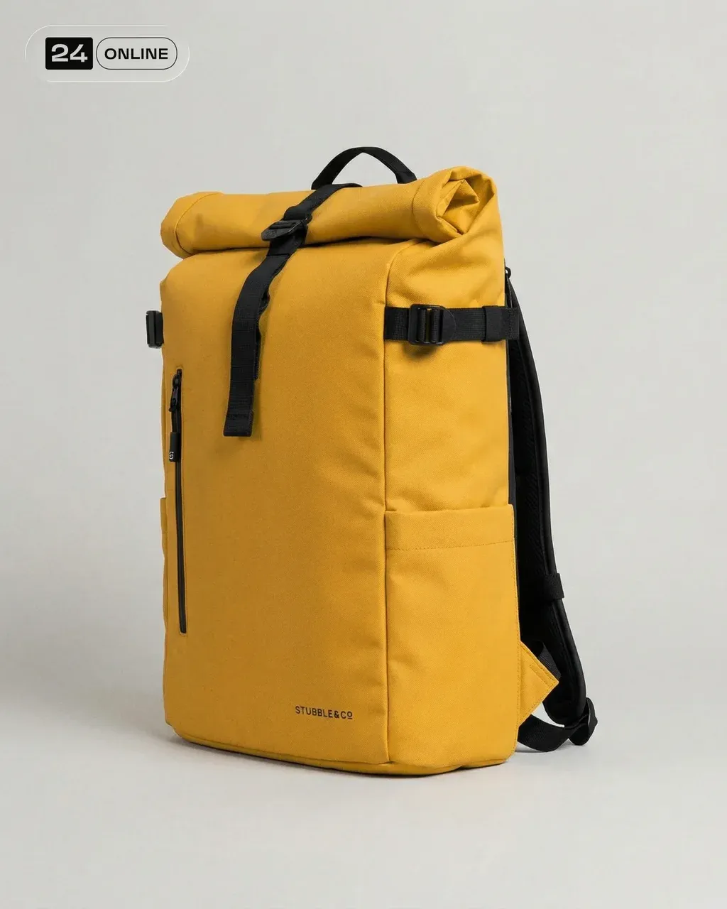 Studio product shot of a waterproof backpack, three-quarter angle view,