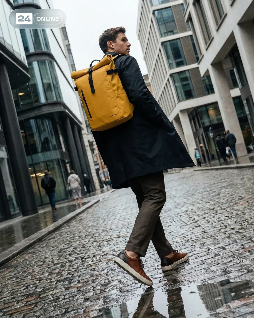 Urban lifestyle shot of a person wearing a minimalist backpack,