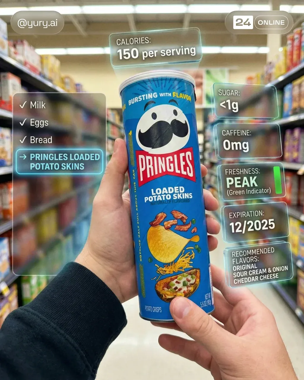 First-person view in a brightly lit supermarket aisle, realistic human