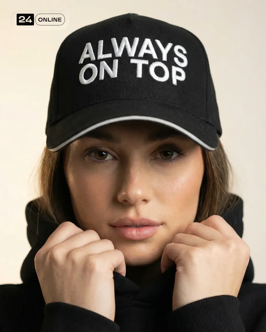 Ultra-realistic fashion beauty crop of a female model wearing the