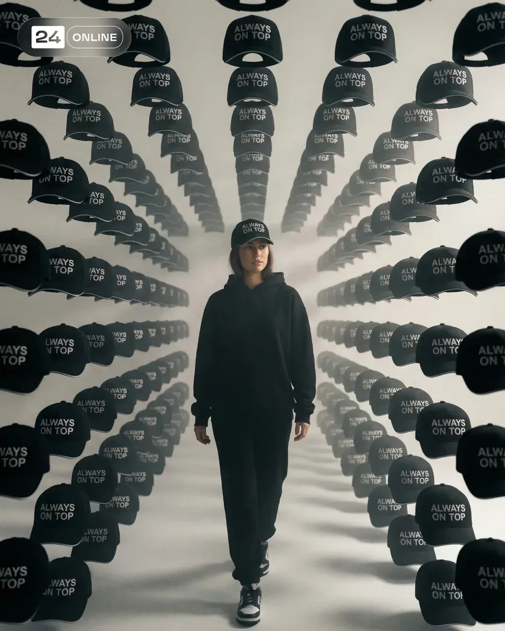 Ultra-realistic cinematic fashion campaign image of a female model walking