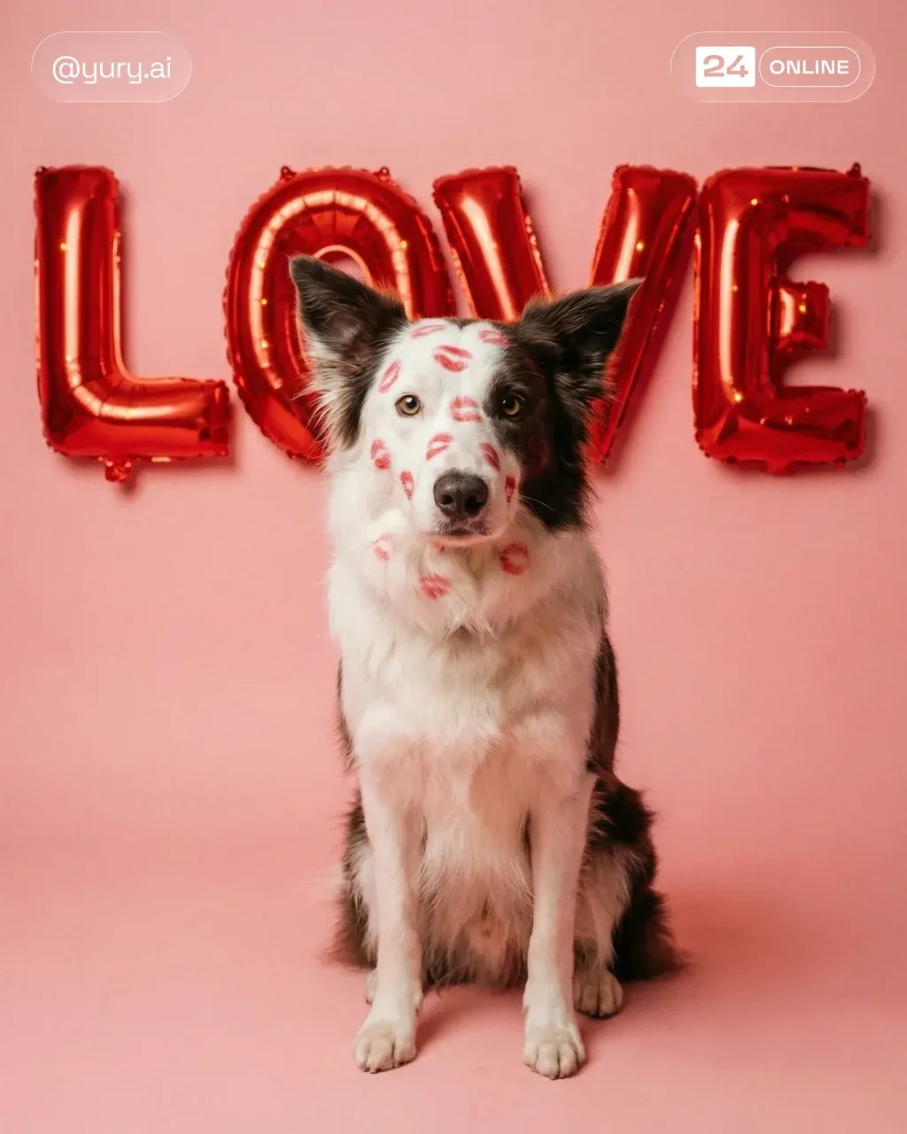 A white English Cream Golden Retriever with red lipstick kiss
