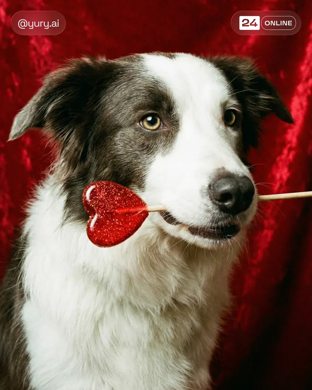 An English Cream Golden Retriever holds a red heart-shaped glitter