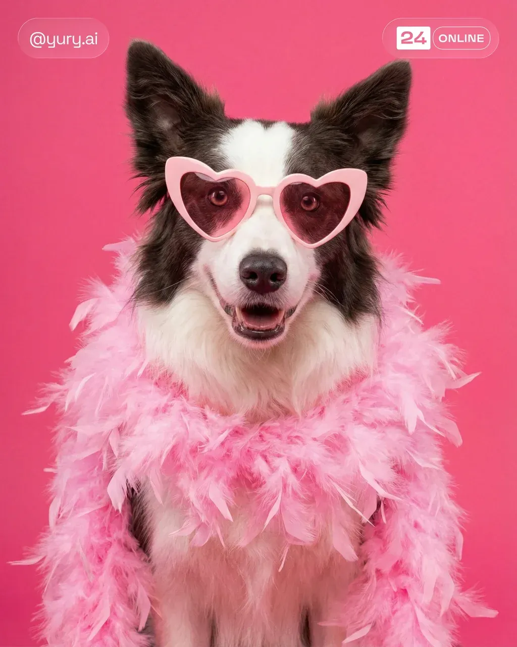 An English Cream Golden Retriever wears pink heart-shaped sunglasses and