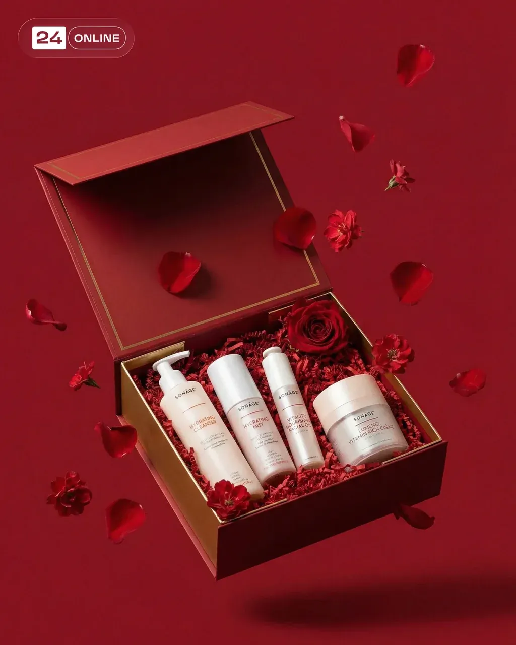 High-end Valentine’s Day product photography on a solid deep red
