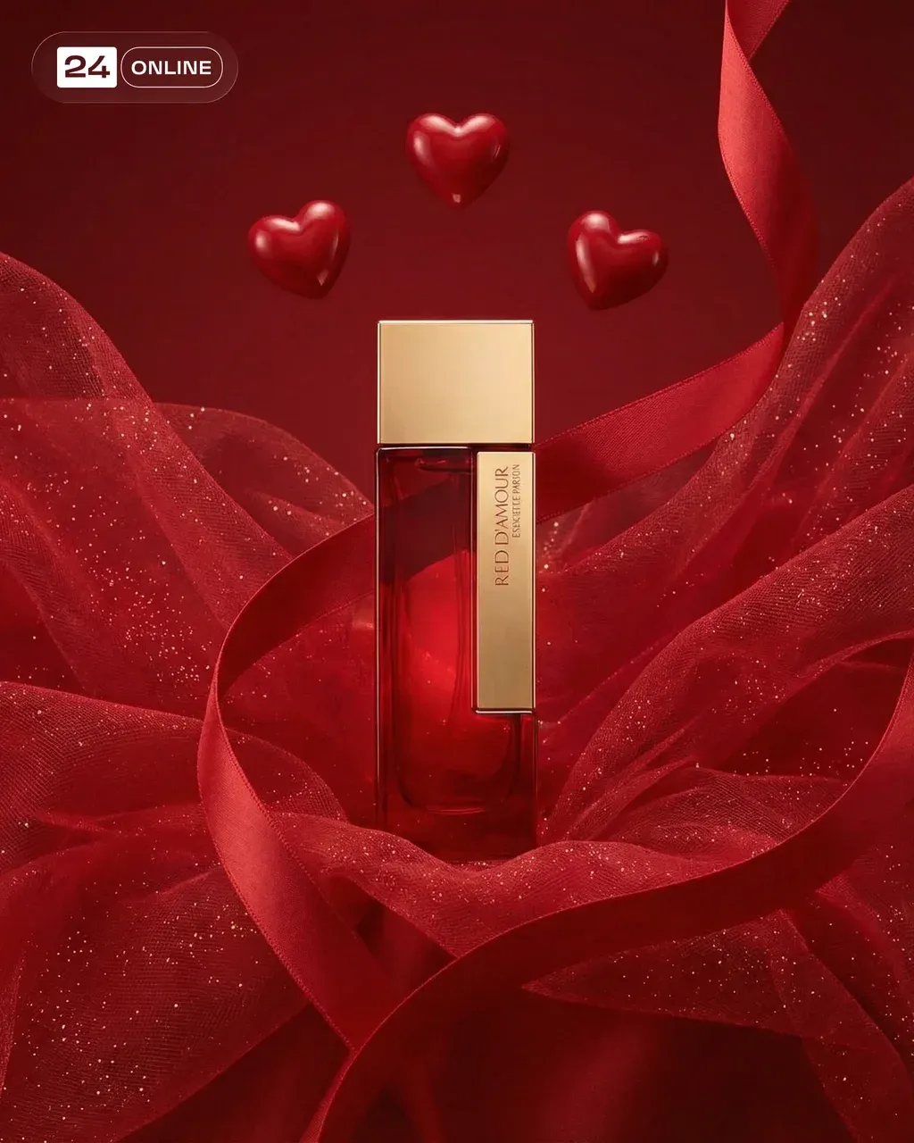 Luxury Valentine’s-themed perfume product photograph with a square glass bottle
