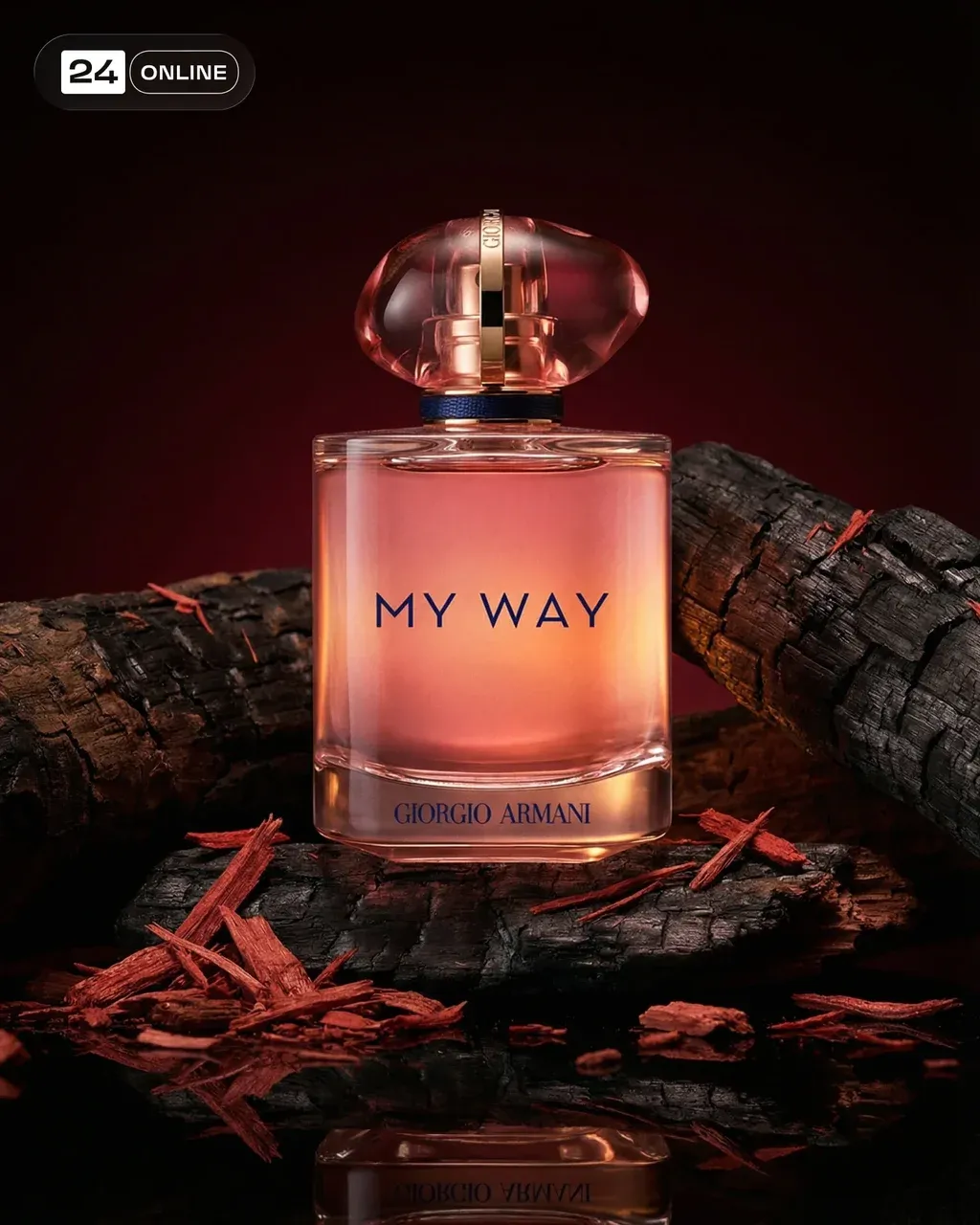 Cinematic luxury perfume product photograph featuring a dark glass fragrance
