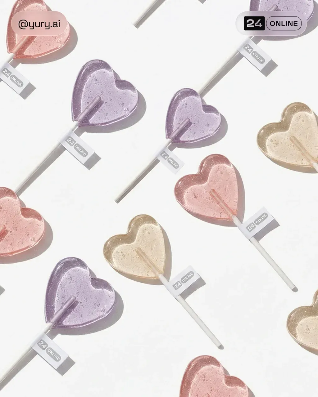 A sophisticated flat lay pattern of artisanal heart-shaped lollipops made