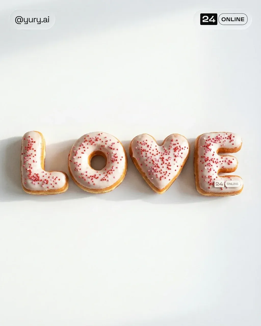 A photorealistic food photograph of donuts spelling out the word